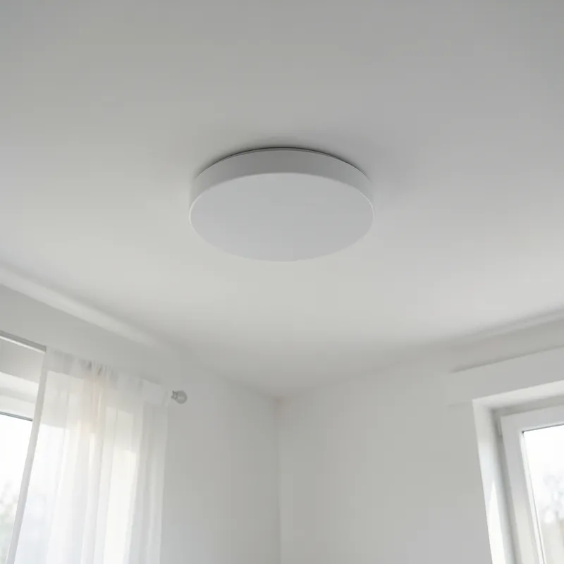 Bouche de soufflage circulaire encastrée dans un plafond blanc d&rsquo;une chambre