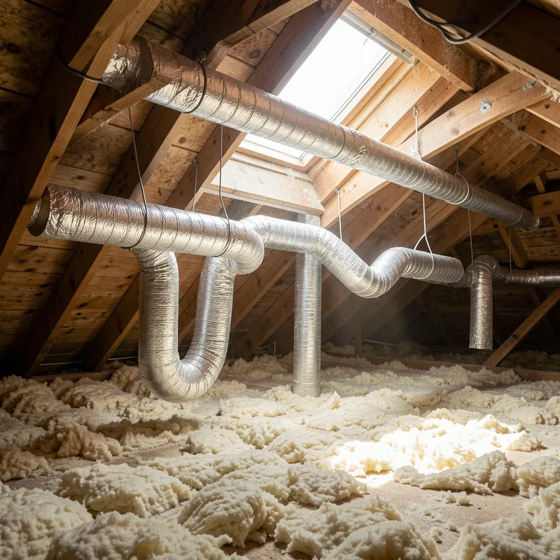 Réseau de gaines de ventilation isolées cheminant dans des combles aménagés