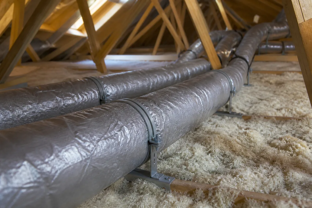 Gaines de ventilation isolées cheminant dans des combles, correctement tendues sur colliers