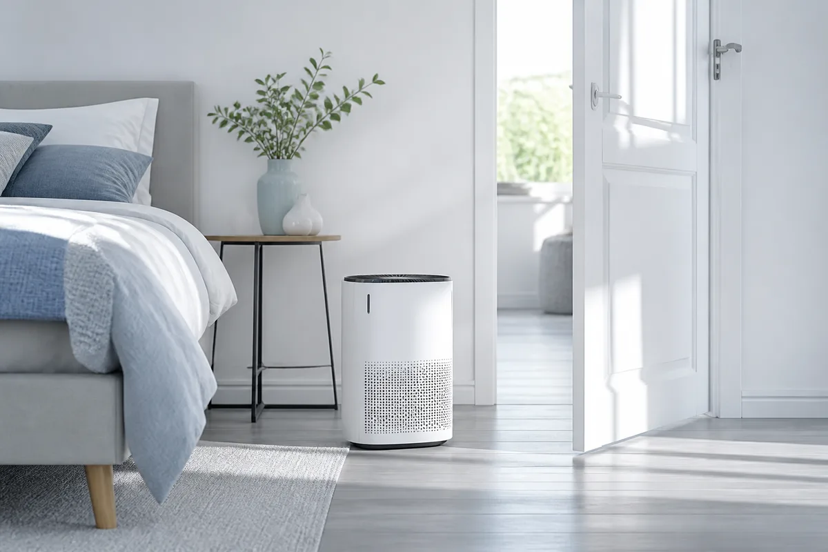 Purificateur d&rsquo;air compact posé au sol près d&rsquo;un lit dans une chambre calme