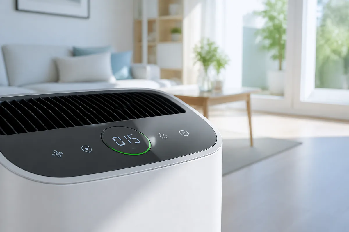 Panneau de commande d&rsquo;un purificateur d&rsquo;air affichant le niveau de particules fines