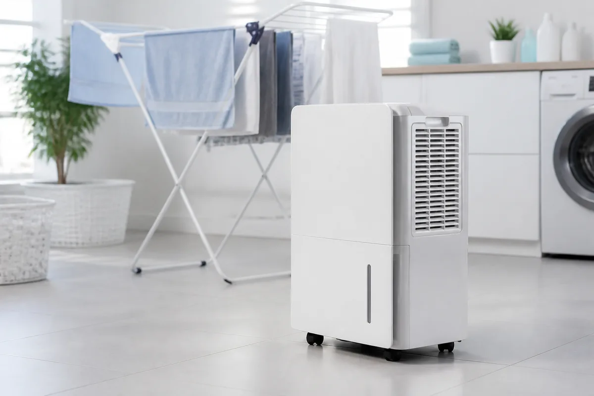 Déshumidificateur mobile en fonctionnement dans une buanderie avec du linge étendu