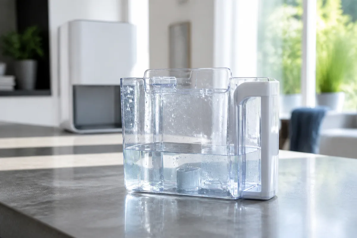 Réservoir d’eau transparent retiré d’un déshumidificateur et posé sur un plan de travail