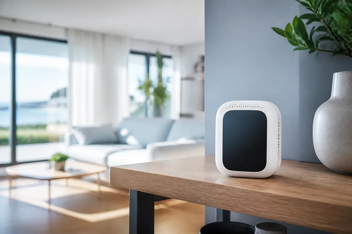 Boîtier de mesure de qualité de l&rsquo;air posé sur une étagère en bois dans un salon