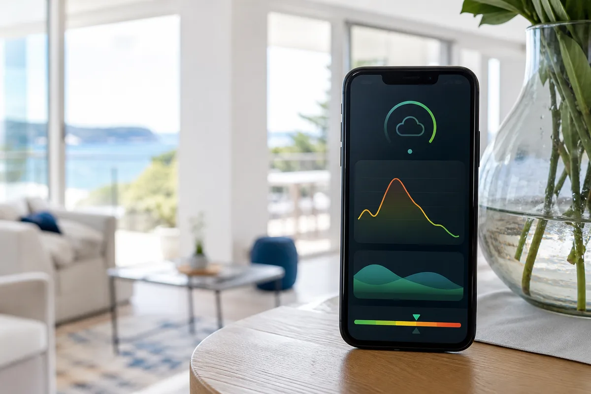 Graphique de suivi du taux de dioxyde de carbone affiché sur l&rsquo;écran d&rsquo;un smartphone