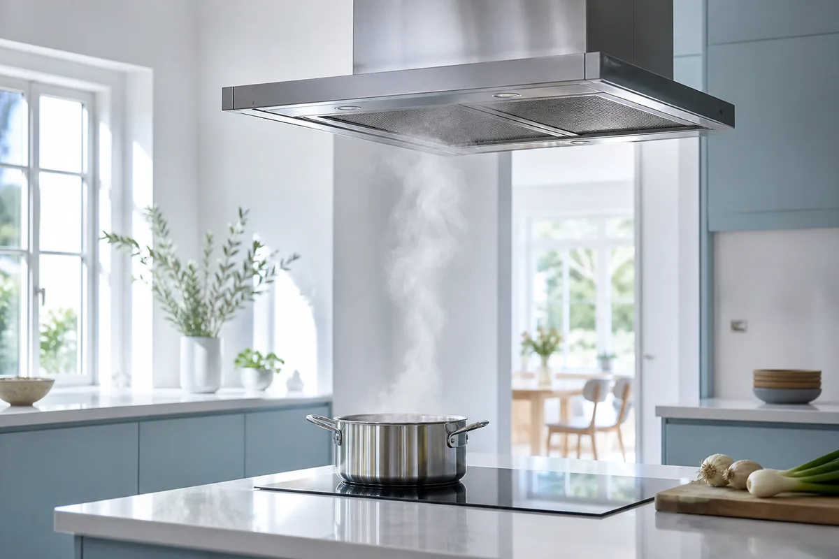 Cuisine domestique avec hotte aspirante en fonctionnement au-dessus d&rsquo;une casserole fumante