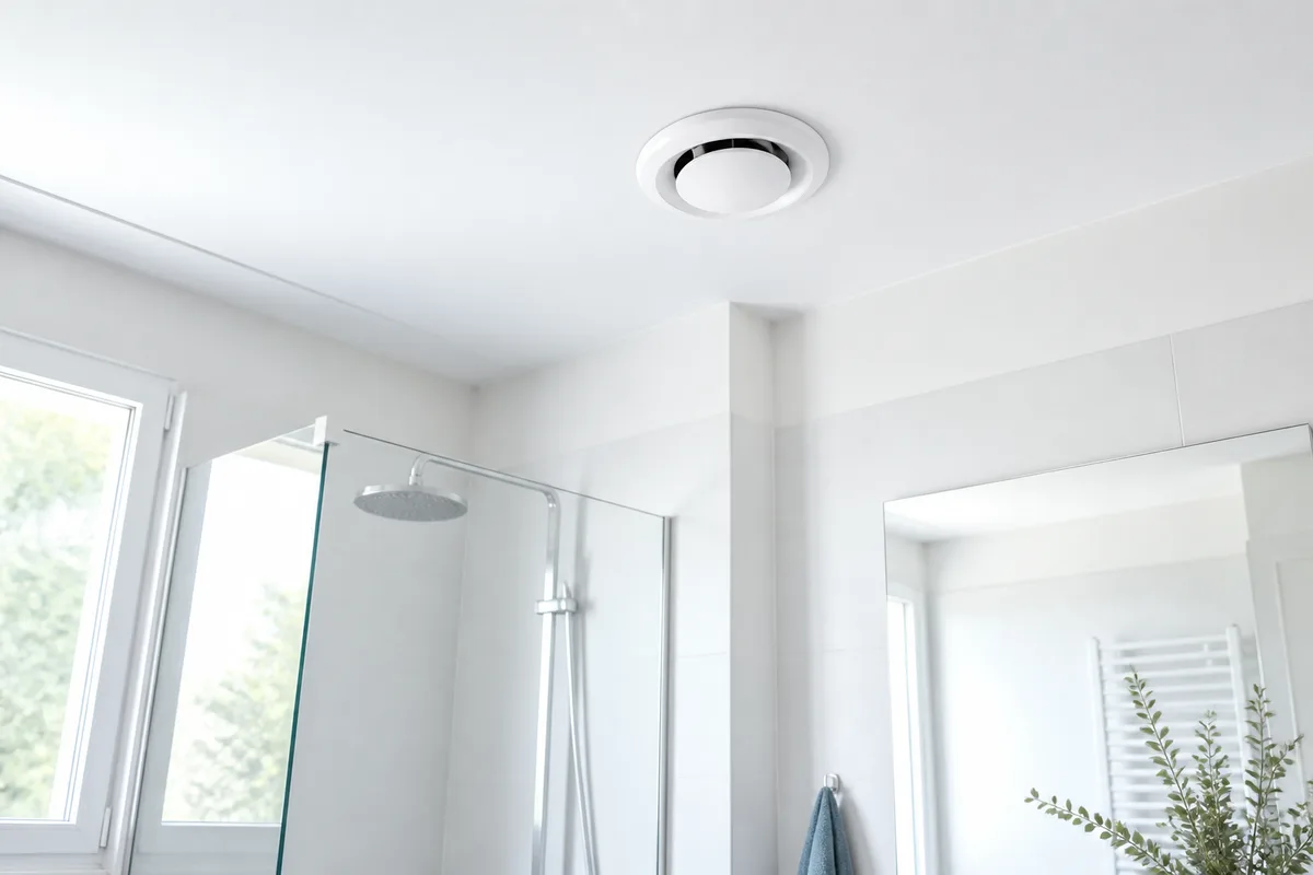 Bouche d&rsquo;extraction murale blanche d&rsquo;une VMC installée au plafond d&rsquo;une salle de bains