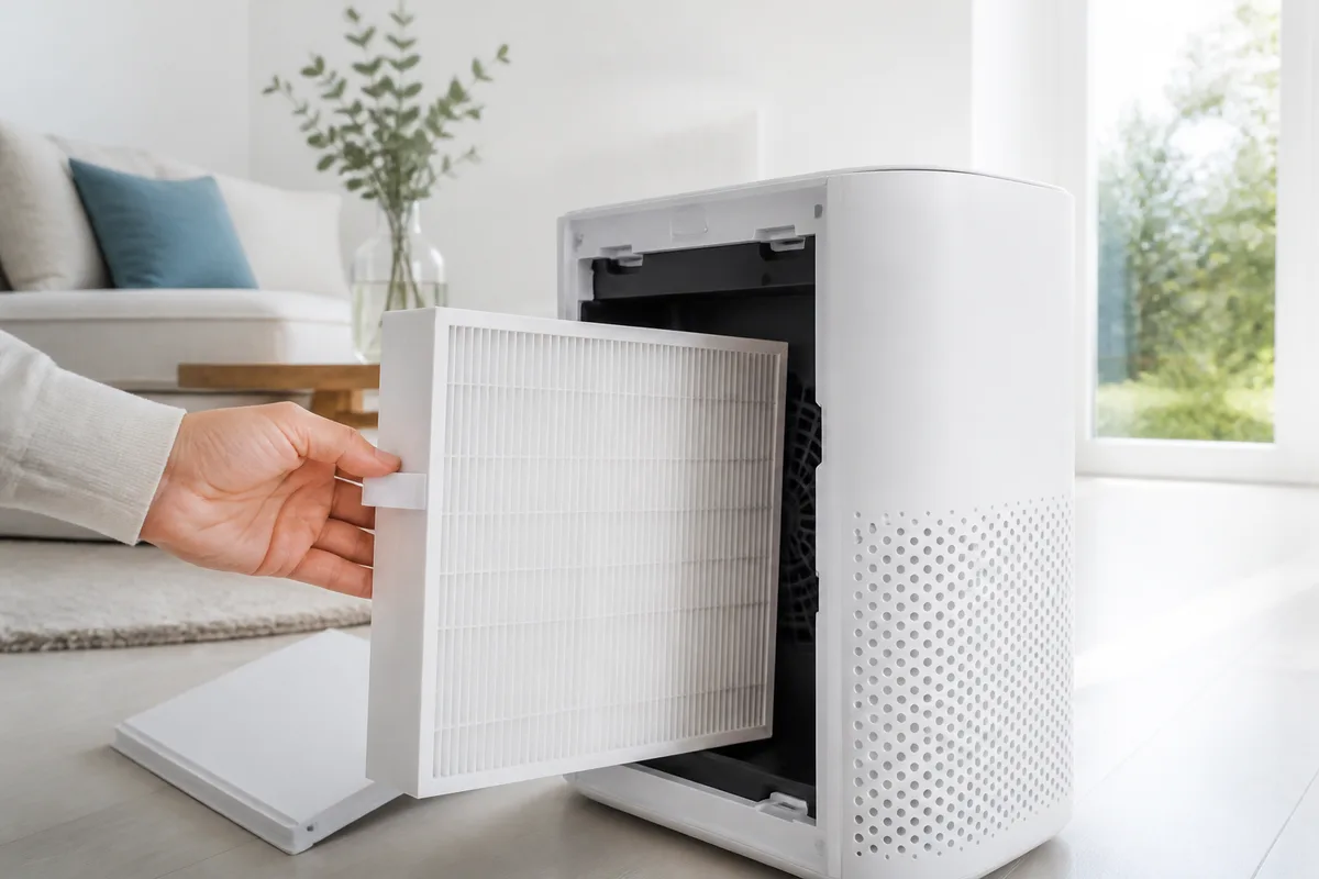 Filtre HEPA plissé blanc extrait du corps d&rsquo;un purificateur d&rsquo;air domestique