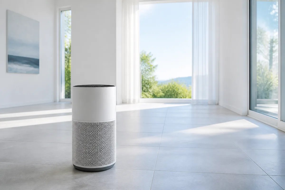 Purificateur d&rsquo;air cylindrique posé au sol dans un salon lumineux, dégagé de tout meuble