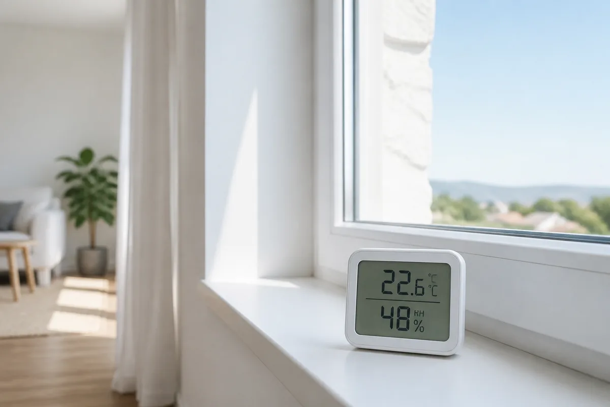 Hygromètre numérique posé sur un rebord de fenêtre affichant température et humidité