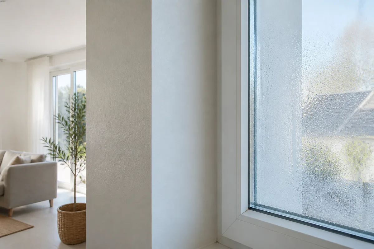Angle de mur près d&rsquo;une fenêtre présentant de la condensation sur le vitrage